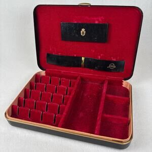 Mele Black Gentleman's Clamshell Jewelry Case Red Lining Gold Knight Vintage MCM